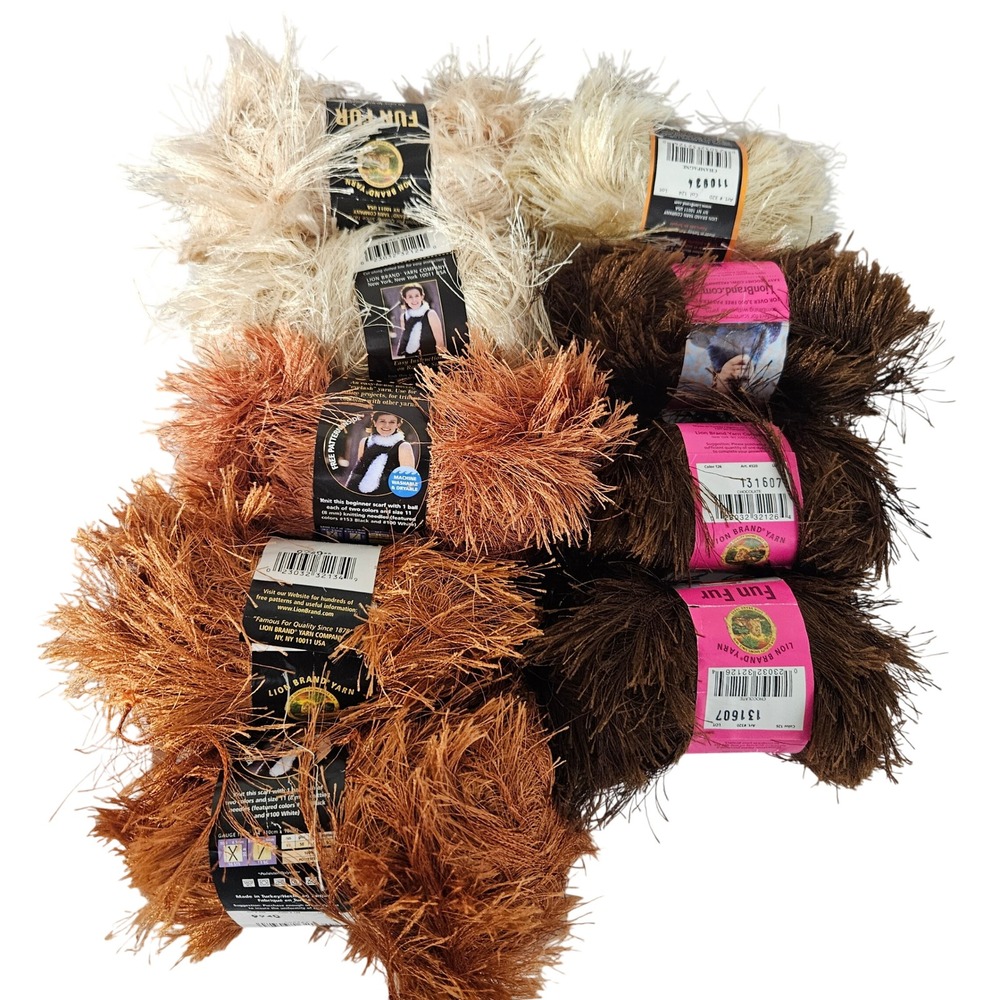 Lion Brand NWT Fun Fur Eyelash Yarn 8 Skeins Brown Copper Champagne Novelty Bulk